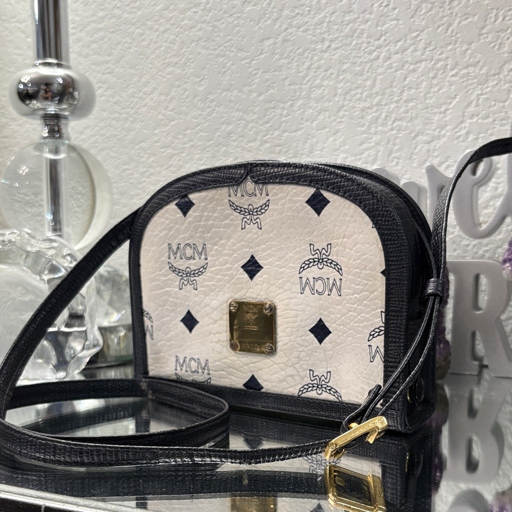 EUC , RARE MCM Monogram Navy blue and White Crossbody Bag handMade in GERMANY